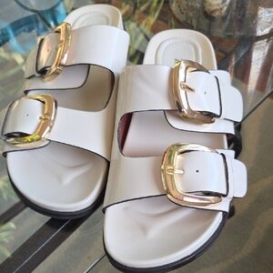 Zara White Double-Buckle Slide Sandals with Gold Hardware